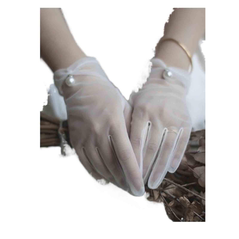 Olbye Bridal Wedding Gloves Full Fingers White Bridal Gloves For Bride and Bridesmaids Pearl Sheer Tulle Short Gloves Proms Costume Occasion Gloves - Image 1